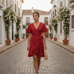 Summer Wrap Tie V Neck Ruffle Short Sleeve Midi Dress